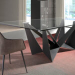 Mesa comedor rectangular de cristal templado y estructura de acero inoxidable negro