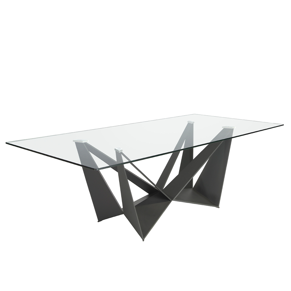 Прямоугольный обеденный стол из закаленного стекла и черной нержавеющей стали
