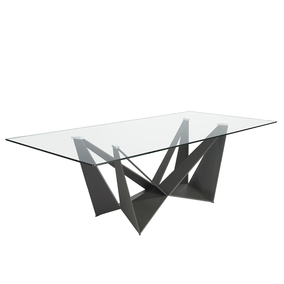 Mesa comedor rectangular de cristal templado y estructura de acero inoxidable negro