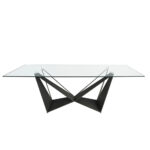 Mesa comedor rectangular de cristal templado y estructura de acero inoxidable negro