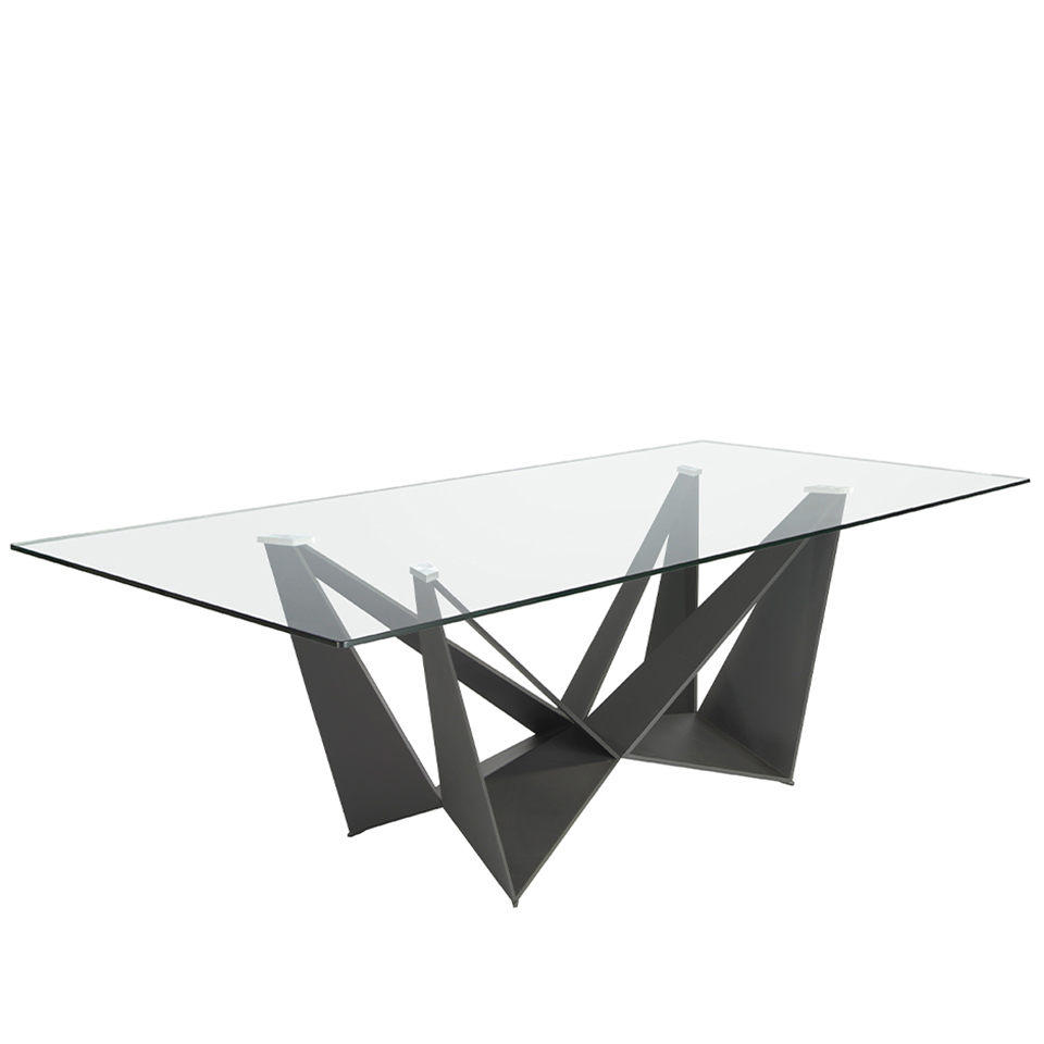 Tavolo da pranzo rettangolare con struttura in vetro temperato e acciaio inossidabile nero