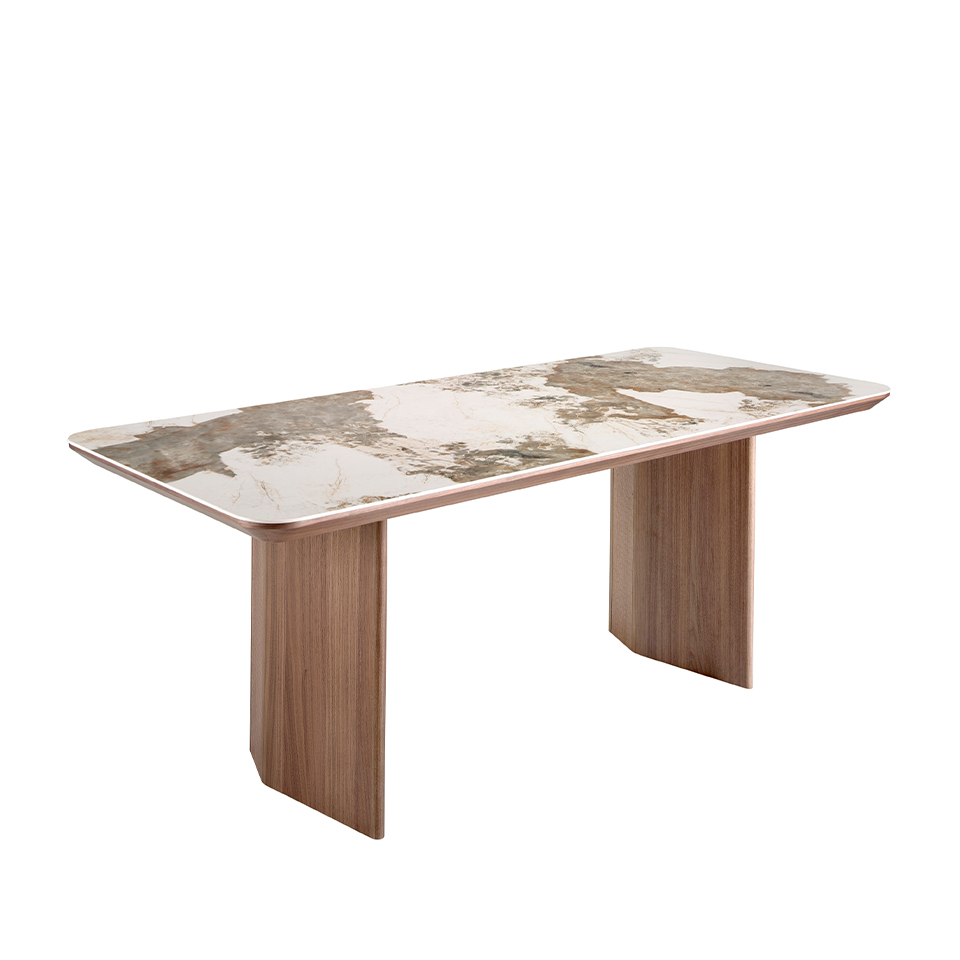 Rectangular porcelain marble and walnut dining table