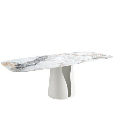 (Español) Mesa comedor ovalada barril mármol porcelánico y acero blanco dining table - Angel Cerda