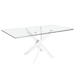 Mesa comedor rectangular de cristal templado y acero inoxidable blanco