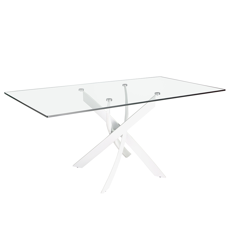 Table de salle à manger rectangulaire en verre trempé et acier inoxydable blanc
