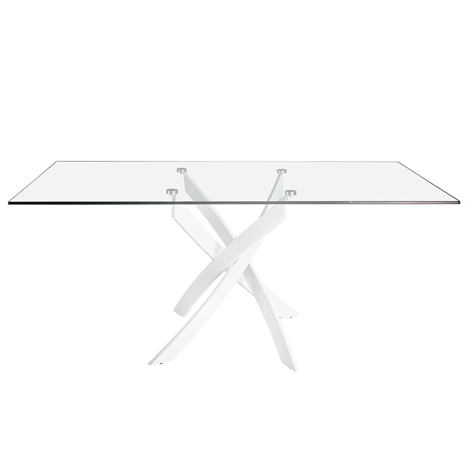 Rectangular dining table in tempered glass and white stainless steel