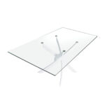 Mesa comedor rectangular de cristal templado y acero inoxidable blanco