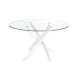 Round dining table in tempered glass and white stainless steel