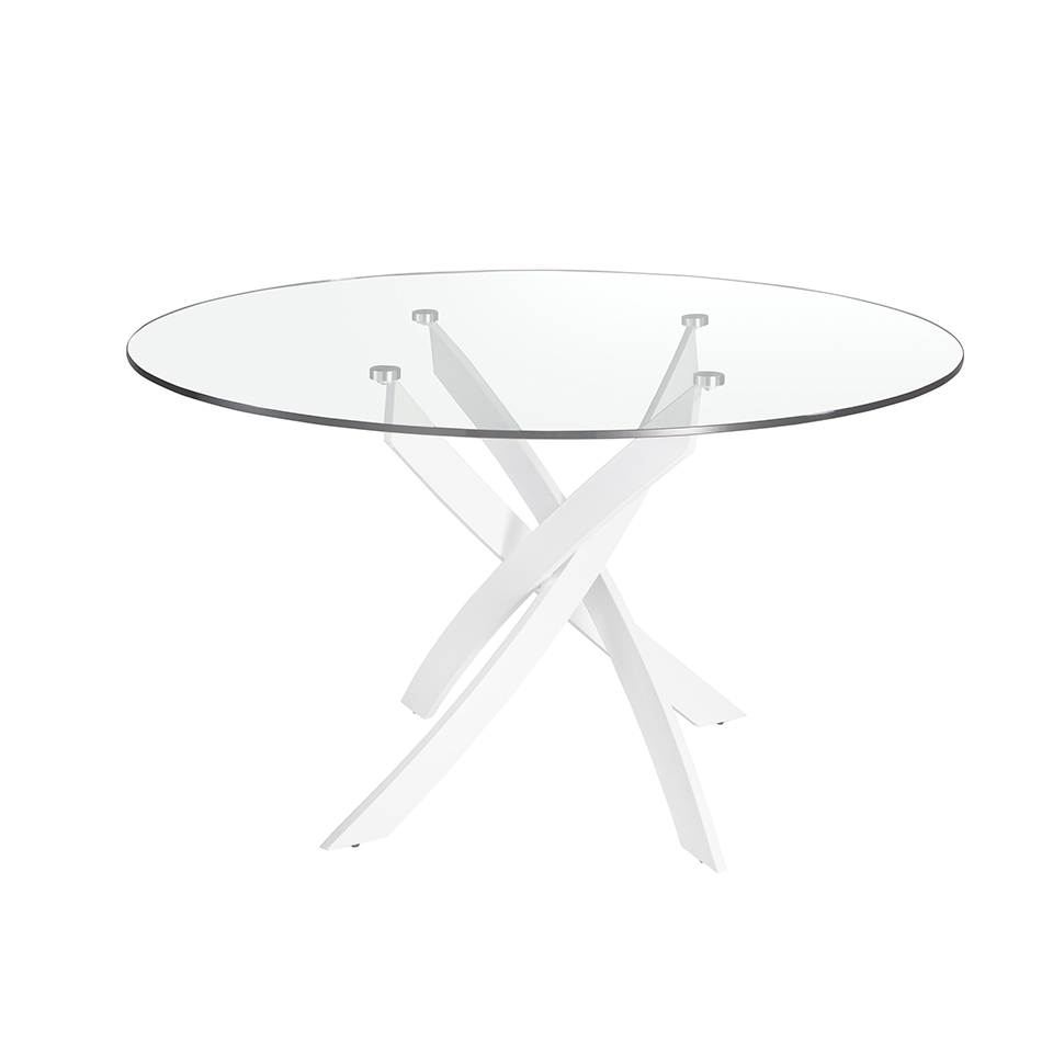 Table de salle à manger ronde en verre trempé et acier inoxydable blanc