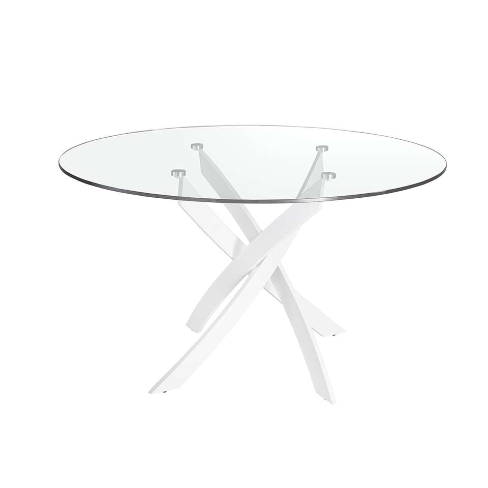 Round dining table in tempered glass and white stainless steel