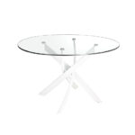 Round dining table in tempered glass and white stainless steel