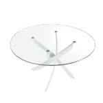 Round dining table in tempered glass and white stainless steel