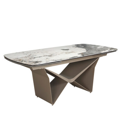 (Español) Mesa comedor extensible ovalada barril mármol porcelánico y acero color champagne dining table - Angel Cerda