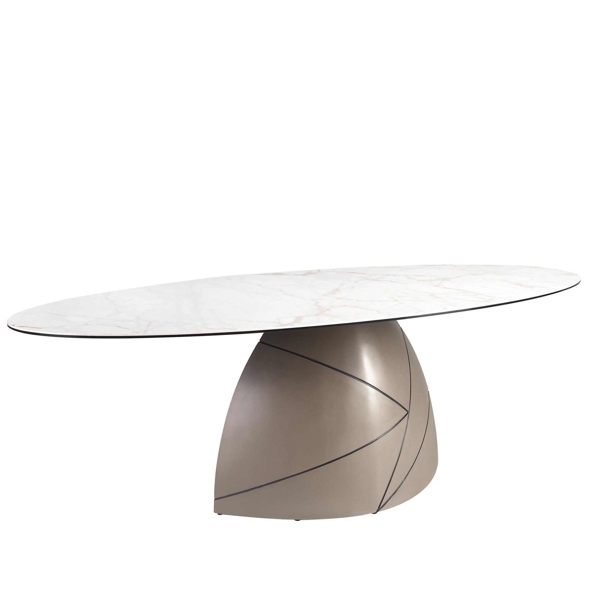 Mesa comedor ovalada mármol porcelánico y acero taupé metalizado