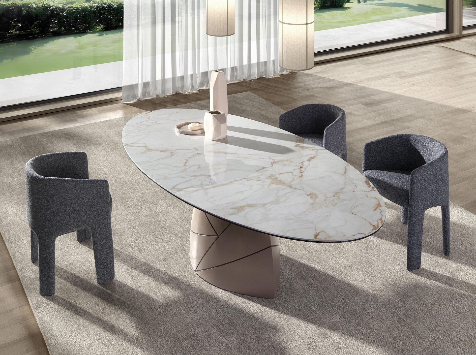 Mesa comedor ovalada mármol porcelánico y acero taupé metalizado Mesa comedor ovalada mármol porcelánico y acero taupé metalizado