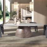 Mesa comedor ovalada mármol porcelánico y acero taupé metalizado