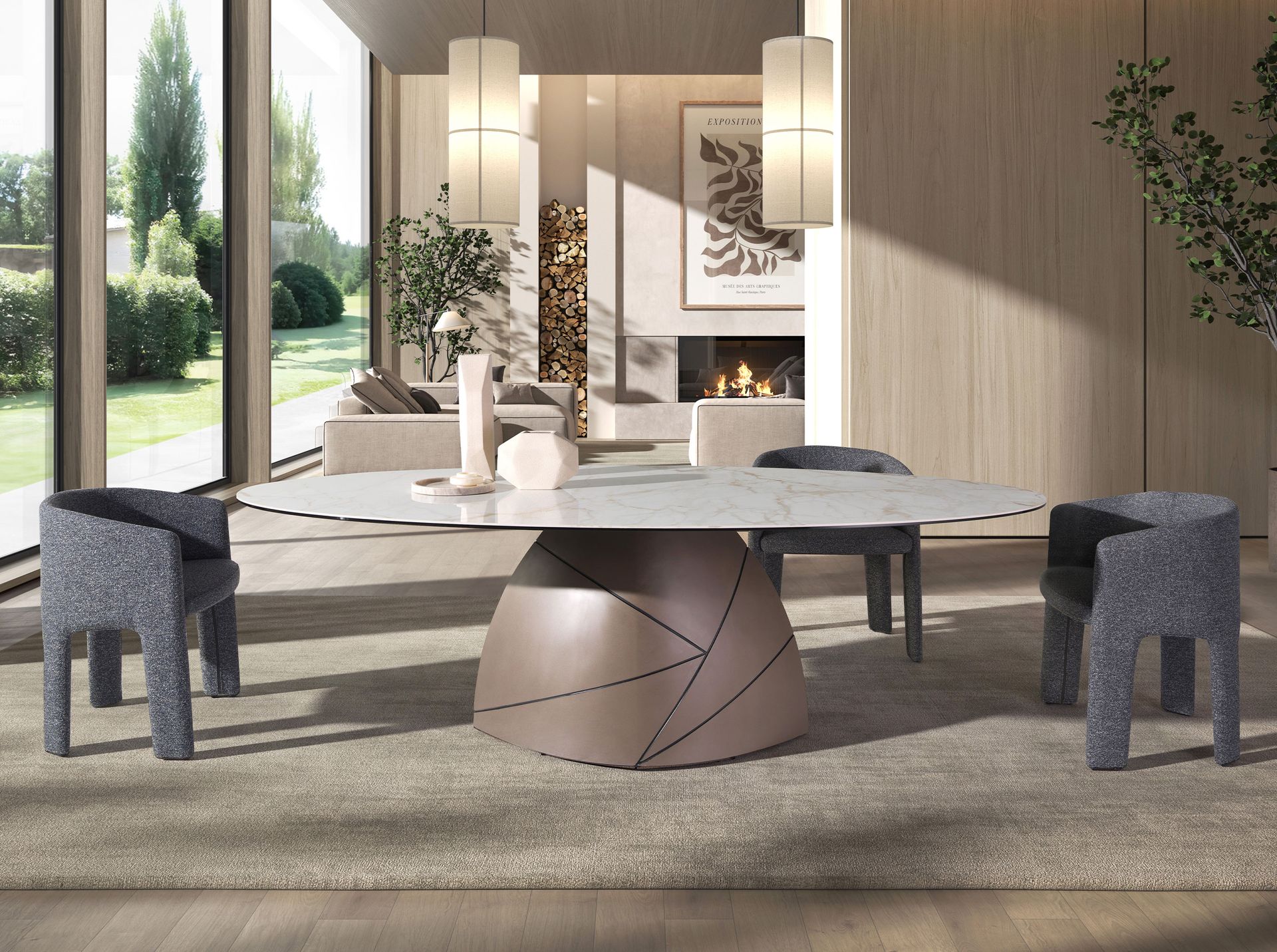 Mesa comedor ovalada mármol porcelánico y acero taupé metalizado Mesa comedor ovalada mármol porcelánico y acero taupé metalizado