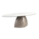 Mesa comedor ovalada mármol porcelánico y acero taupé metalizado