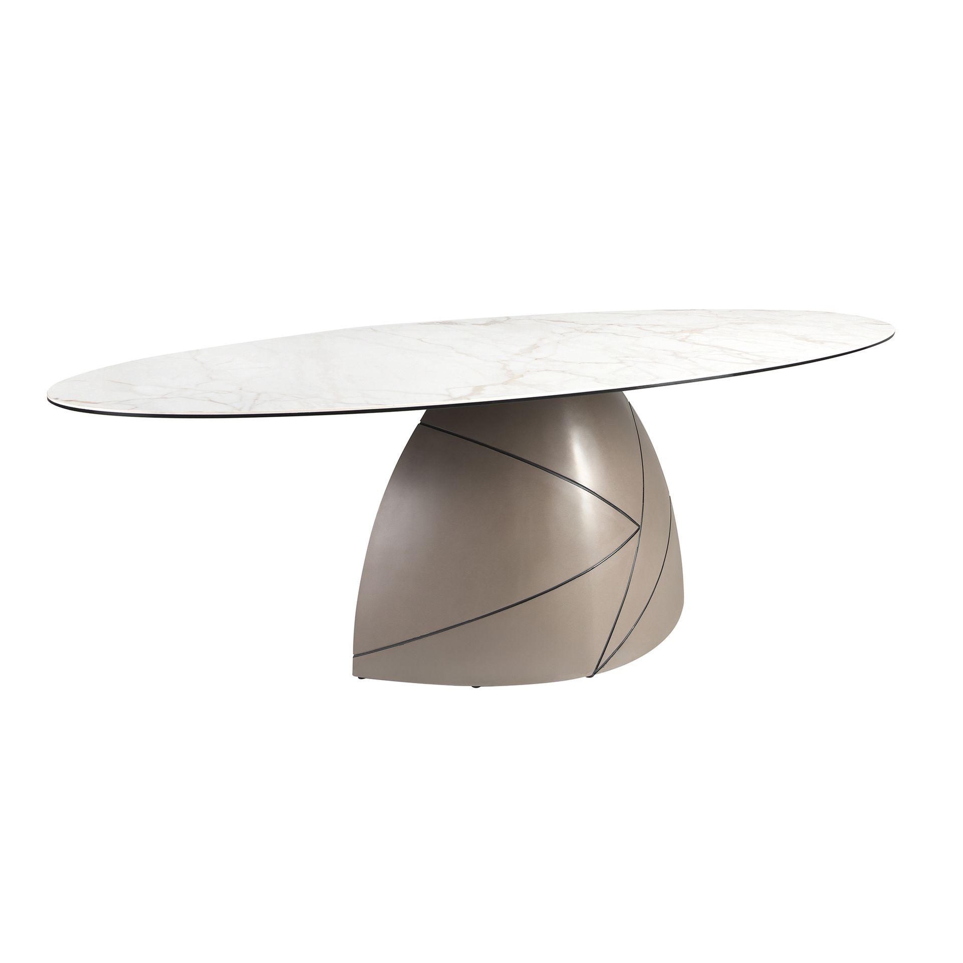 Mesa comedor ovalada mármol porcelánico y acero taupé metalizado Mesa comedor ovalada mármol porcelánico y acero taupé metalizado
