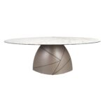 Mesa comedor ovalada mármol porcelánico y acero taupé metalizado