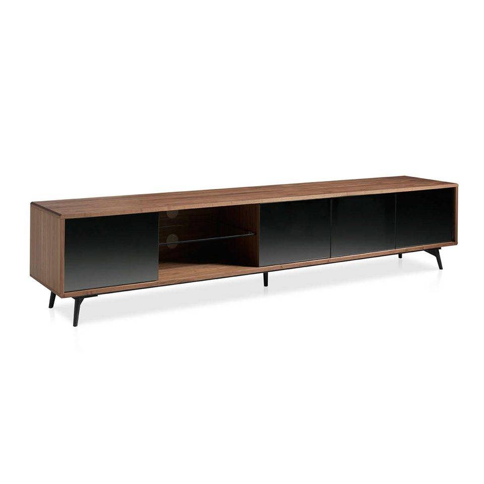 TV stand in walnut veneered wood with grey mirror glass front doors. TV stand in walnut veneered wood with grey mirror glass front doors.