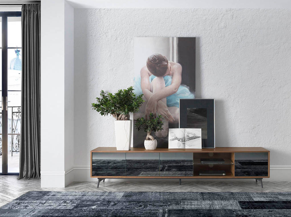 TV stand in walnut veneered wood with grey mirror glass front doors. TV stand in walnut veneered wood with grey mirror glass front doors.