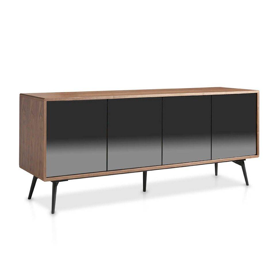 Sideboard in walnut veneered wood with grey mirror glass front doors. Sideboard in walnut veneered wood with grey mirror glass front doors.
