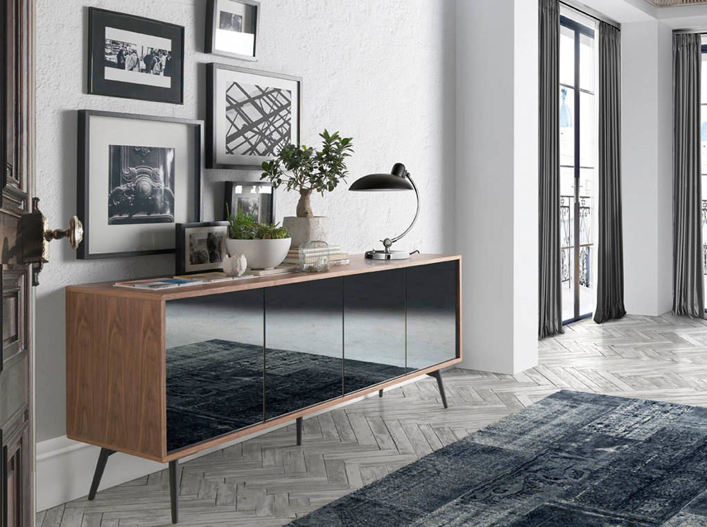 Sideboard in walnut veneered wood with grey mirror glass front doors. Sideboard in walnut veneered wood with grey mirror glass front doors.