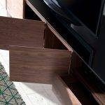 Walnut wood TV cabinet and black tempered glass top