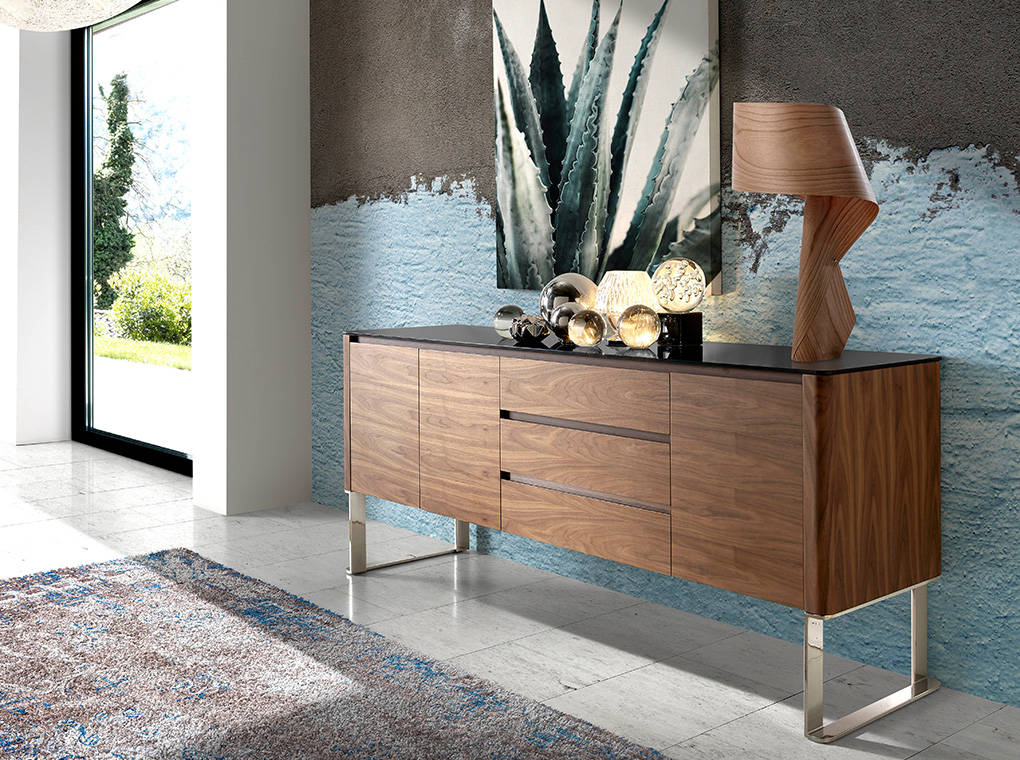 Wooden sideboard with Walnut veneer with black tempered glass cover Wooden sideboard with Walnut veneer with black tempered glass cover