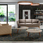 Round center table in cream wood and walnut wood