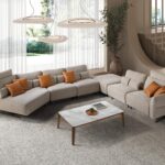 Modulares Relax-Sofa mit Chaiselongue links, Stoff in Sandfarbe