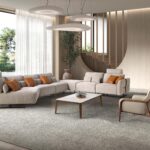 Modulares Relax-Sofa mit Chaiselongue links, Stoff in Sandfarbe