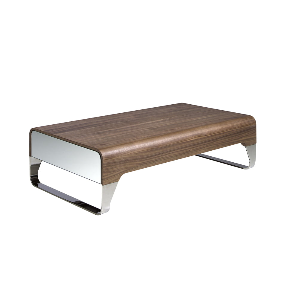 Table basse en bois de noyer et acier chromé