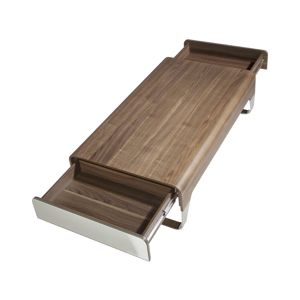 Tavolino in legno di noce e acciaio cromato