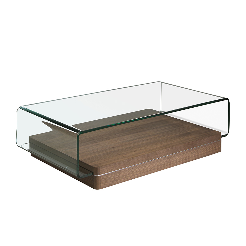 Tavolino in vetro temperato curvato e legno di noce