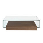 Curved tempered glass and walnut wood coffee table