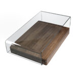 Curved tempered glass and walnut wood coffee table