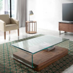 Curved tempered glass and walnut wood coffee table