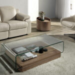 Curved tempered glass and walnut wood coffee table