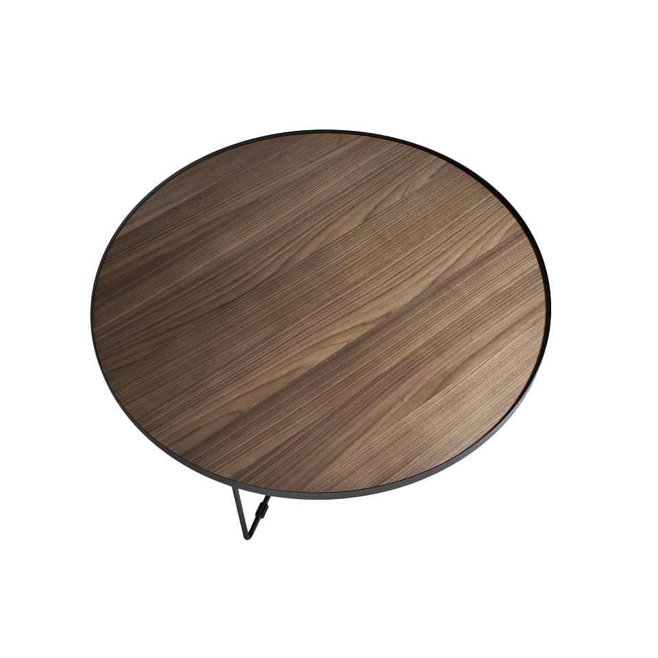 Table basse ronde en bois de noyer et acier noir