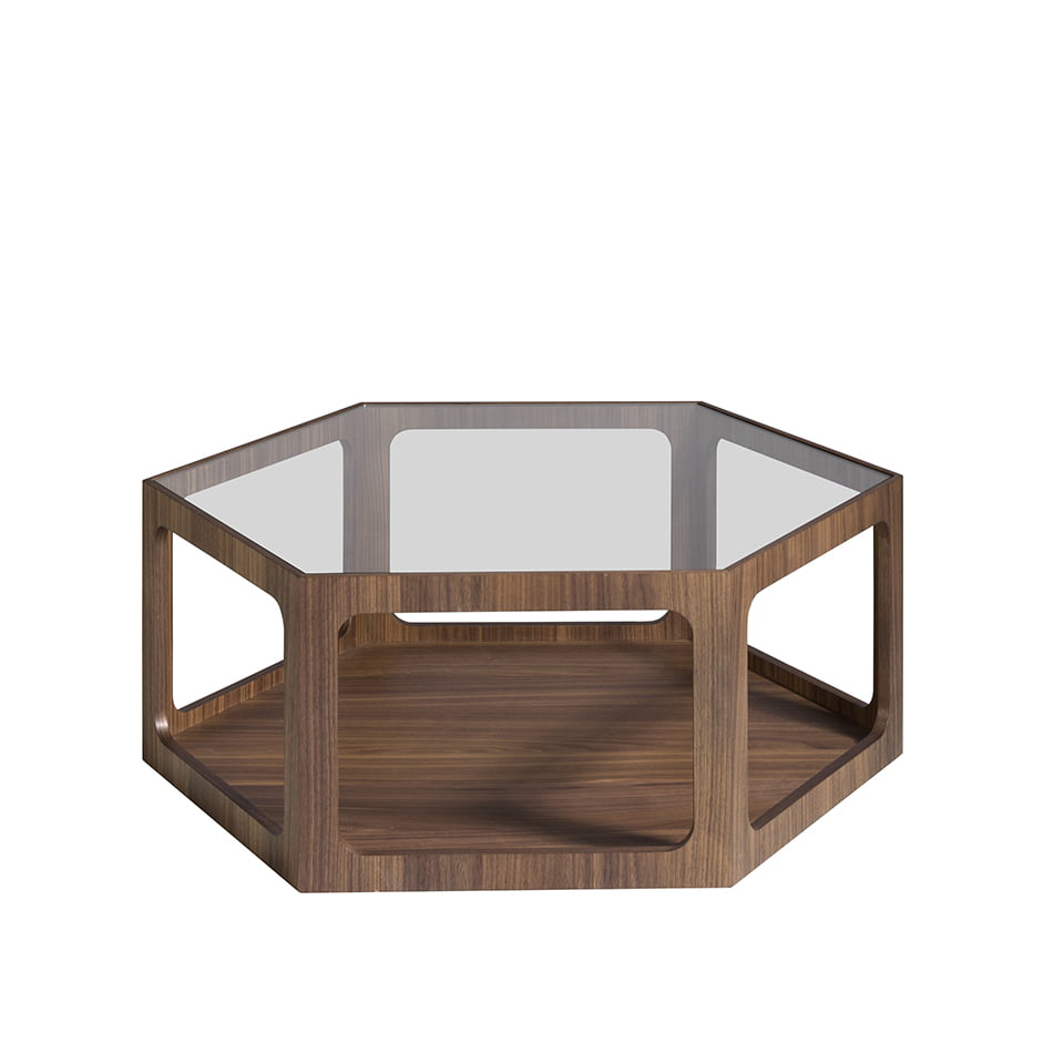 Mesa centro hexagonal de madera Nogal y cristal templado