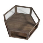 Mesa centro hexagonal de madera Nogal y cristal templado