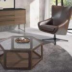 Hexagonal coffee table in Walnut wood and tempered glass