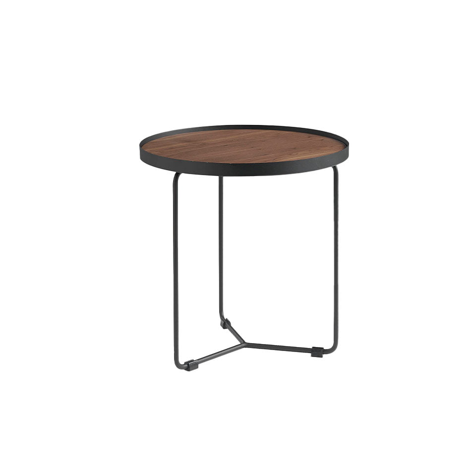 Table d’angle ronde en bois de noyer et acier noir