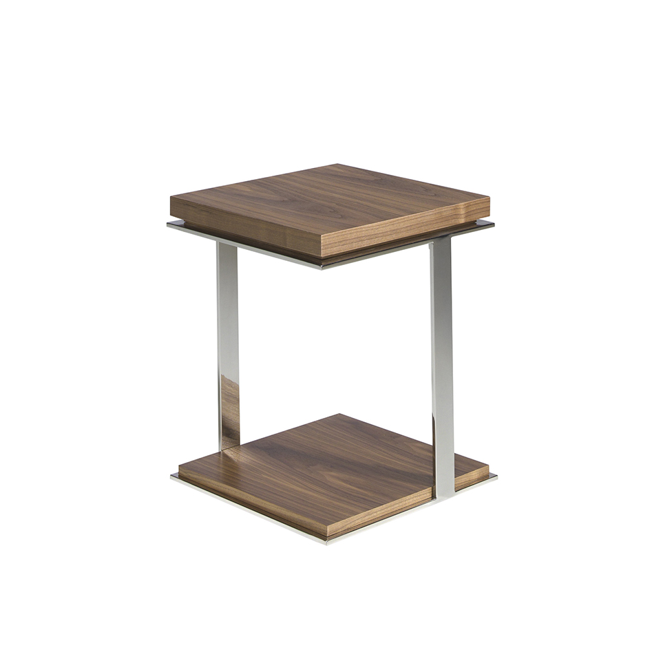 Tavolo angolare in legno di noce e acciaio cromato