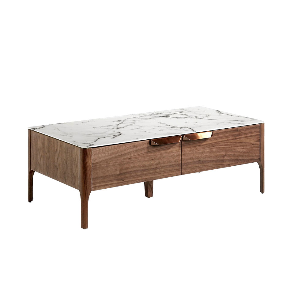 Walnut wood and marble effect fiberglass coffee table with drawers