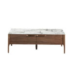 Walnut wood and marble effect fiberglass coffee table with drawers