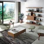 Table basse en fibre de verre effet bois de noyer et marbre avec tiroirs