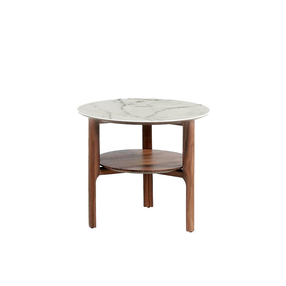 Table d’angle ronde en marbre fibre de verre et bois de noyer